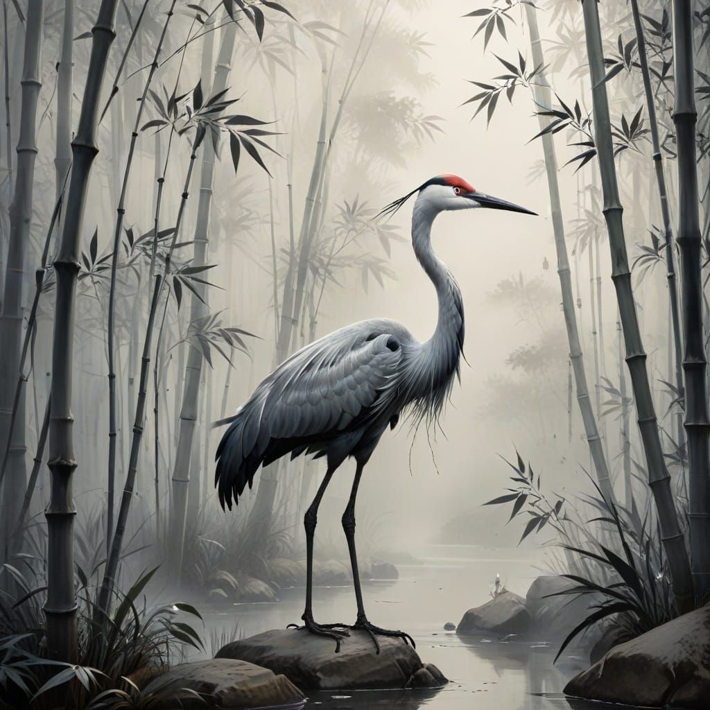 Crane in Bamboo Grove: Sumi-e Style Art