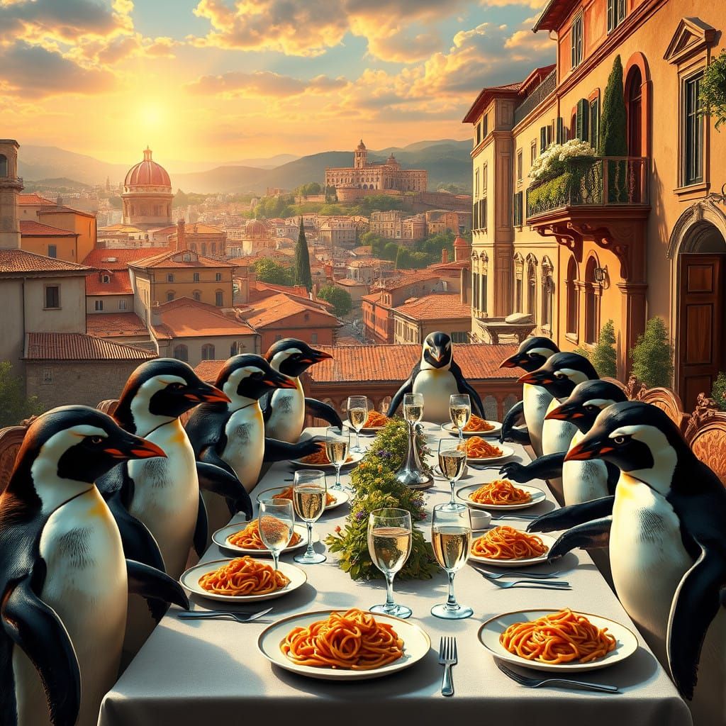 Penguins Savor Italian Feast in Sun-Kissed Renaissance City