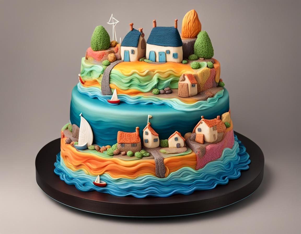 Sculptured Seascape Cake with Harbor and Boats
