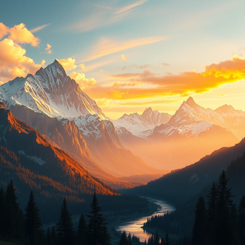 Ethereal Sunrise Over Majestic Mountains in Fantasy Art
