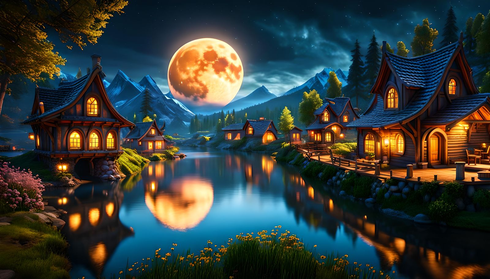 Enchanting Fantasy Village at Night