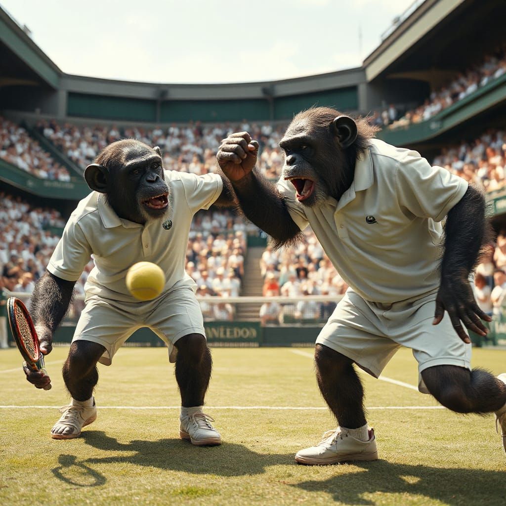 Chimpanzee Tennis Showdown at Wimbledon in Hyperrealism