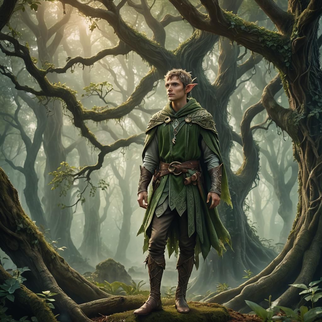 Elfin Male in Enchanted Forest: Fantasy Illustration