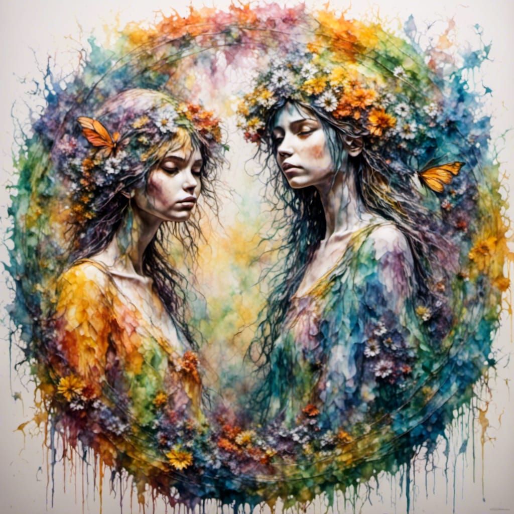 Watercolour Cottenham fairies, two human girls, watching fai...