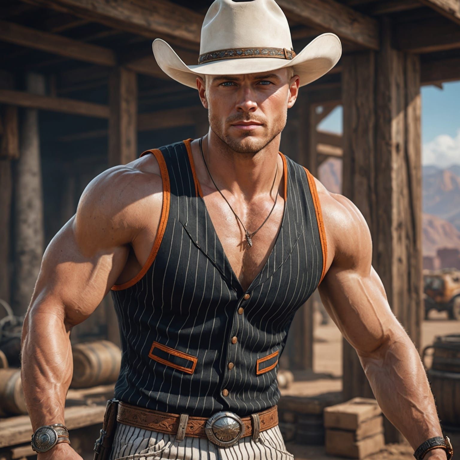 Athletic Man in Cowboy Outfit: Digital Matte Painting