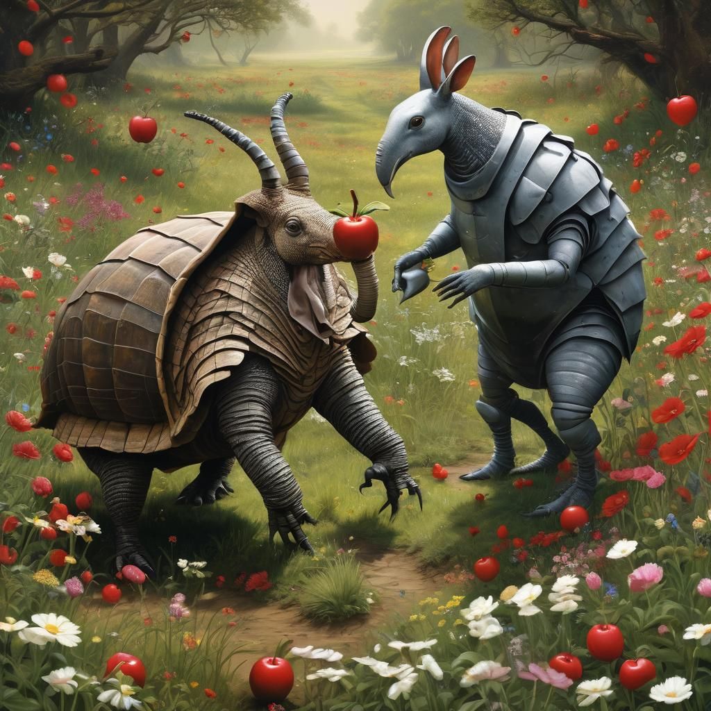 Surreal Armadillo in Dürer Style Flower Field