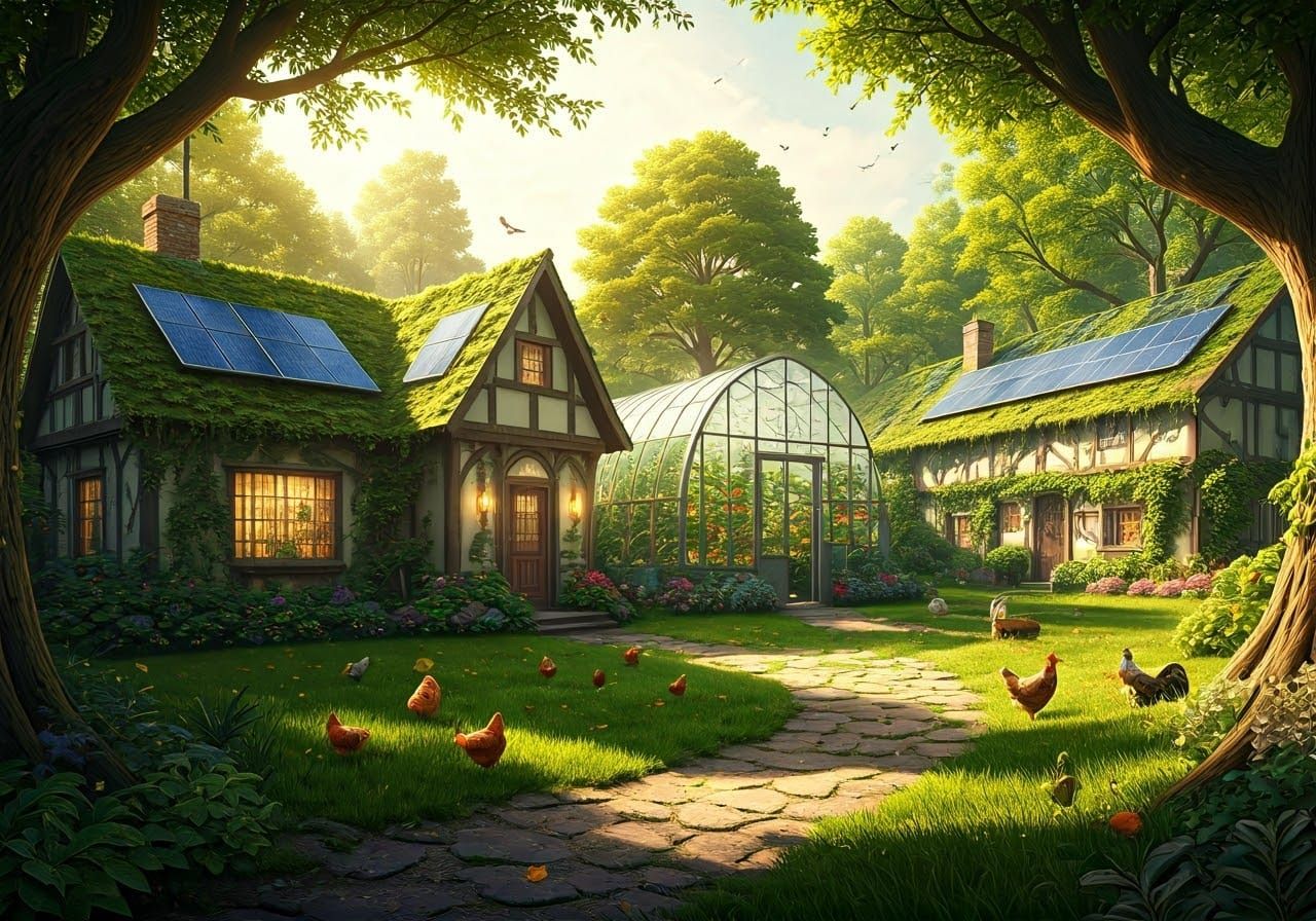 Eco-Friendly Solarpunk Utopia in Whimsical Golden Light