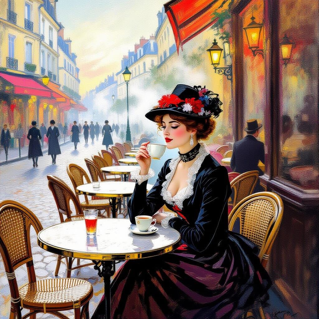 Parisian Cafe Scene in Toulouse-Lautrec Style