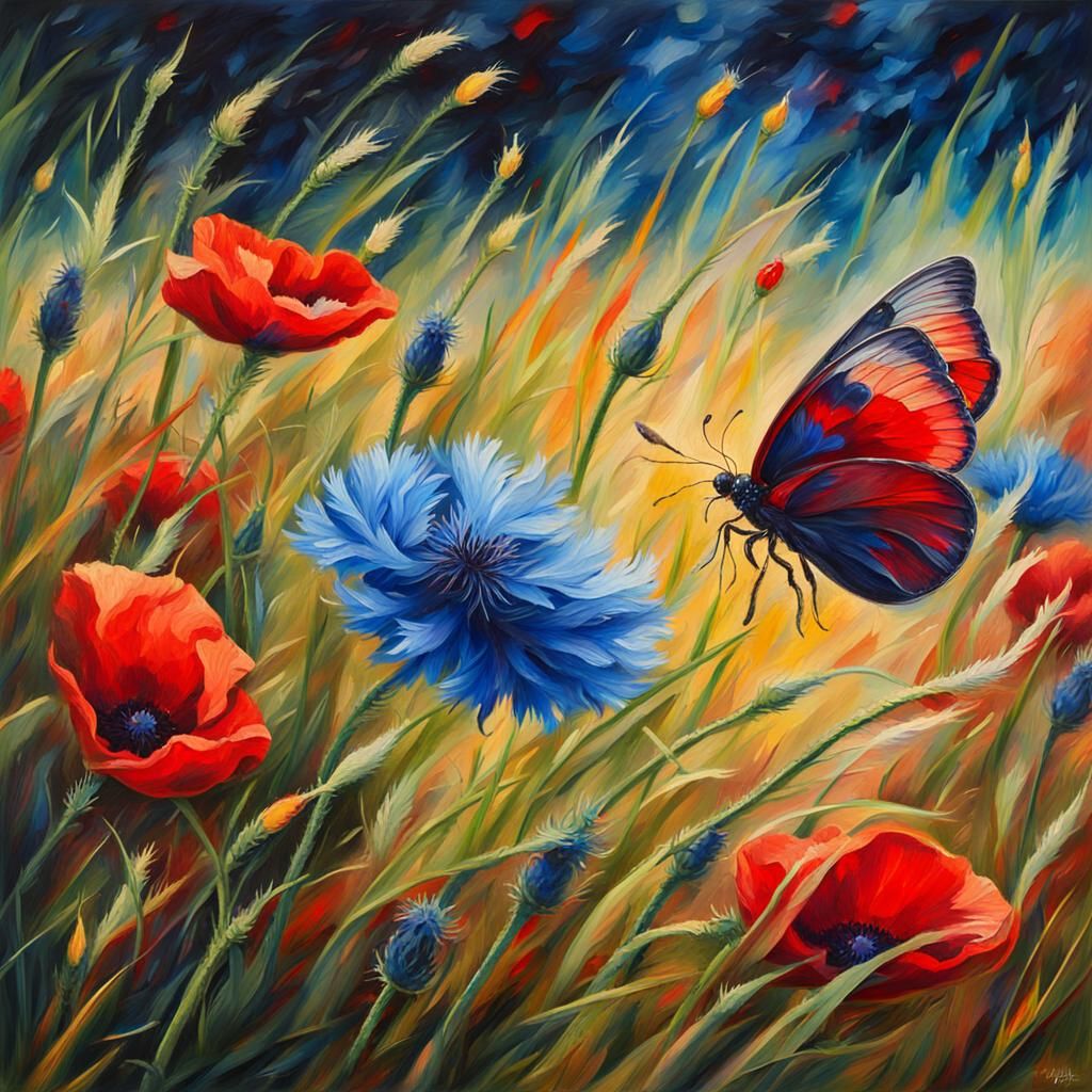 Poppy and Cornflower in Vivid Impressionist Style