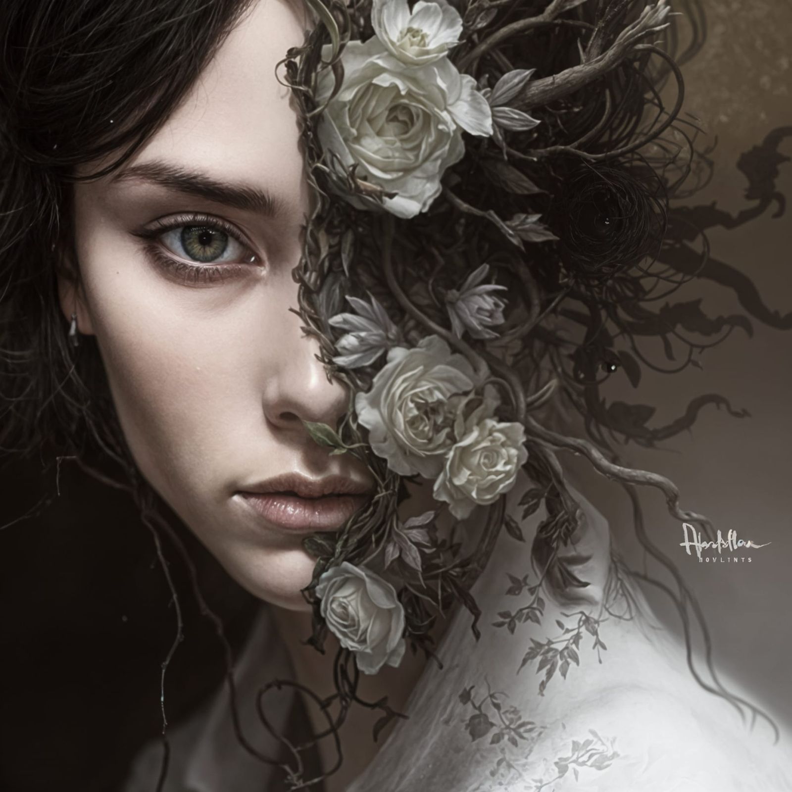 Eerie Horror Duality: Decaying Face with Flora