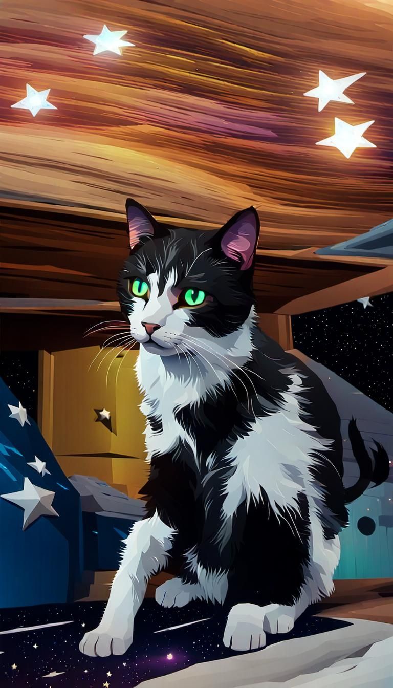 Cat Floating in Space in Low-Poly Style
