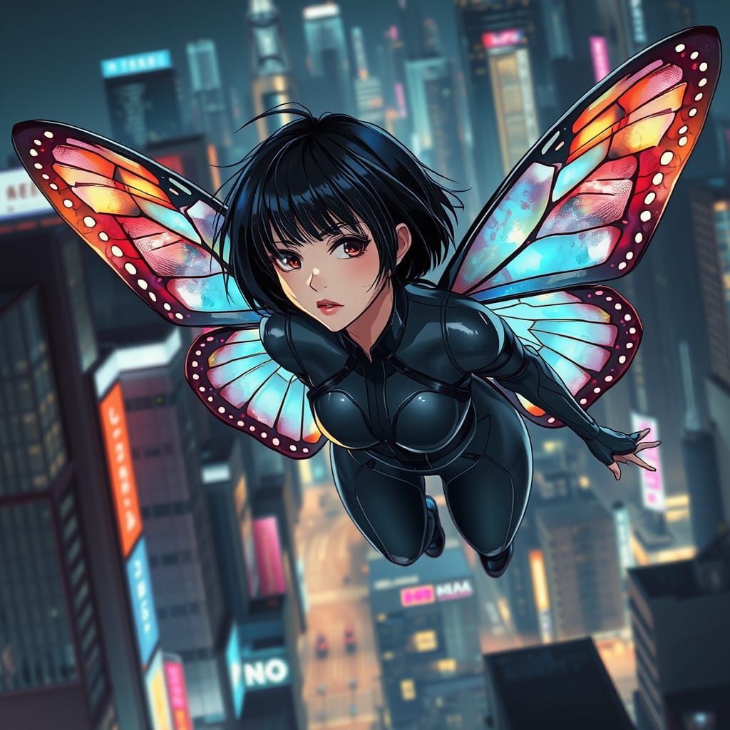 Anime Woman Soaring Through Cyberpunk Cityscape