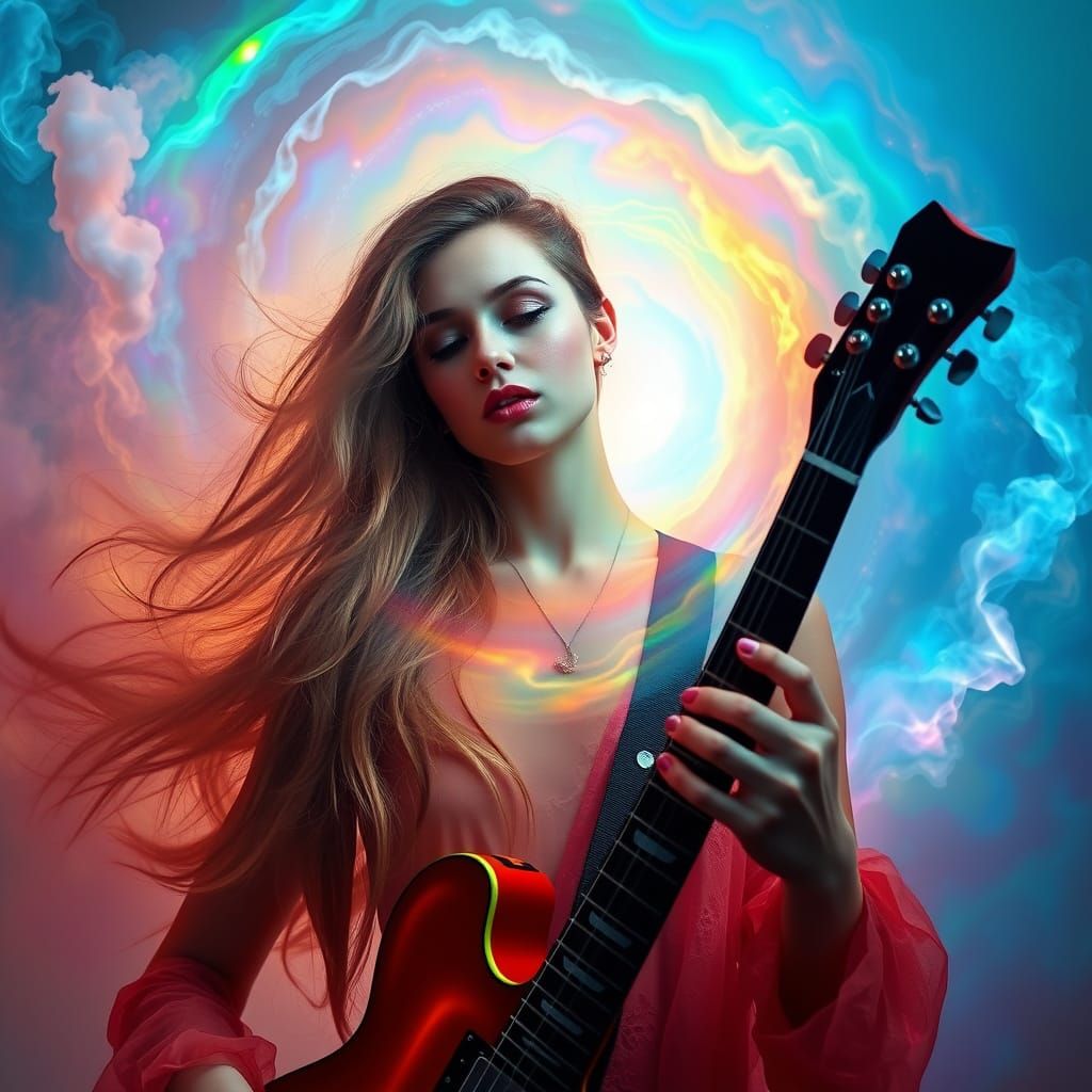 Majestic Siren Guitarist in Spectral Nebula Clouds