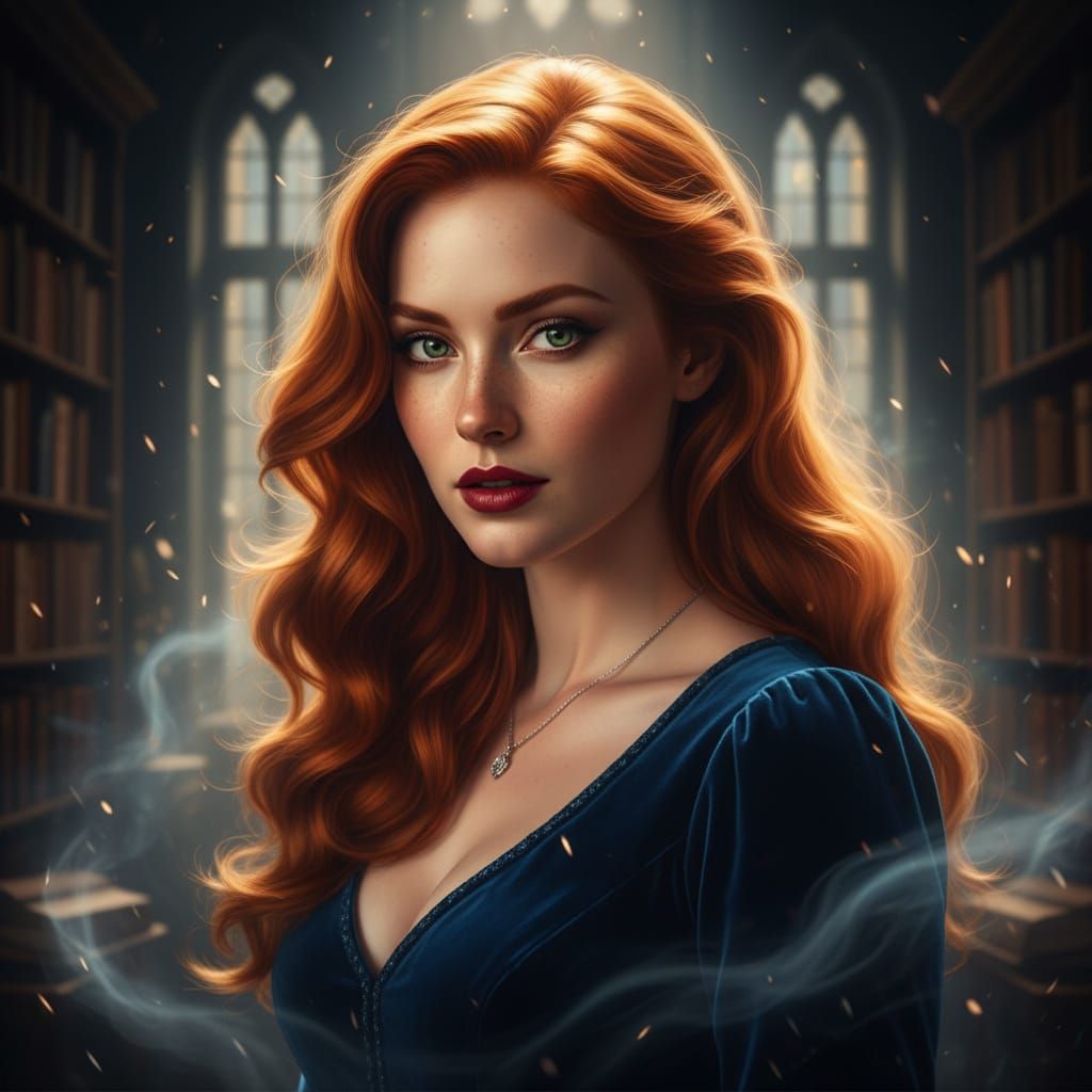 Enchanting Woman in Historic Library Portrait