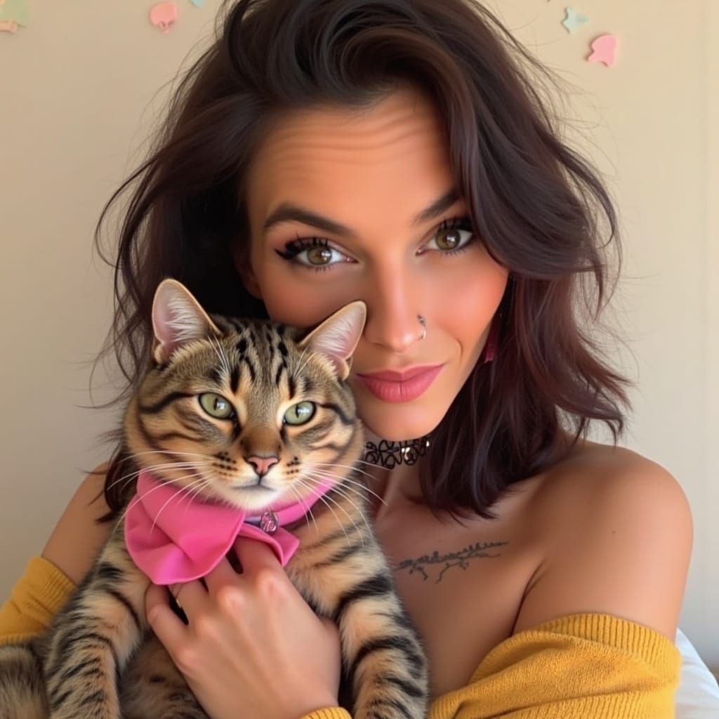 Girl with Tabby Cat Portrait in Hyper-Realistic Style