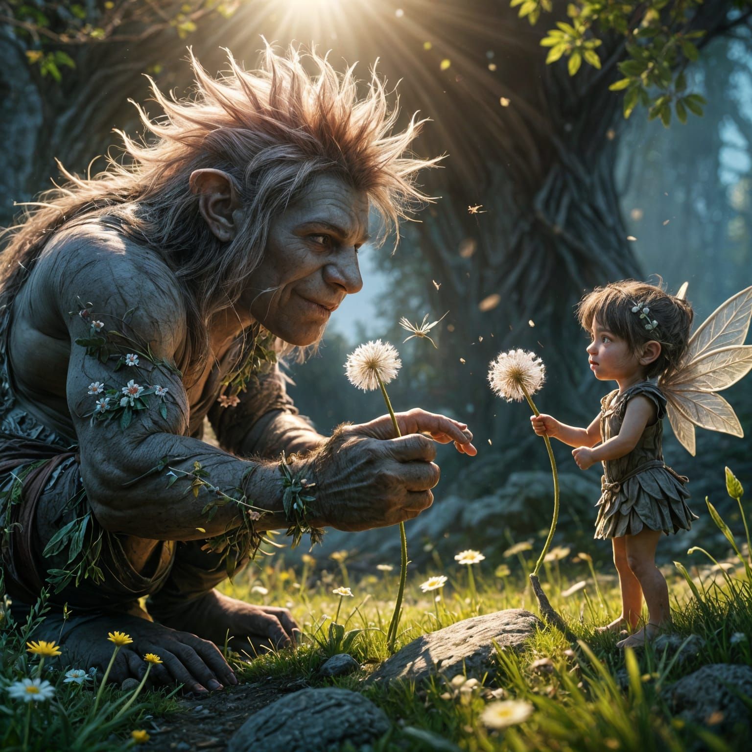 Troll Offering Dandelion to Fairy, 3D Game Art
