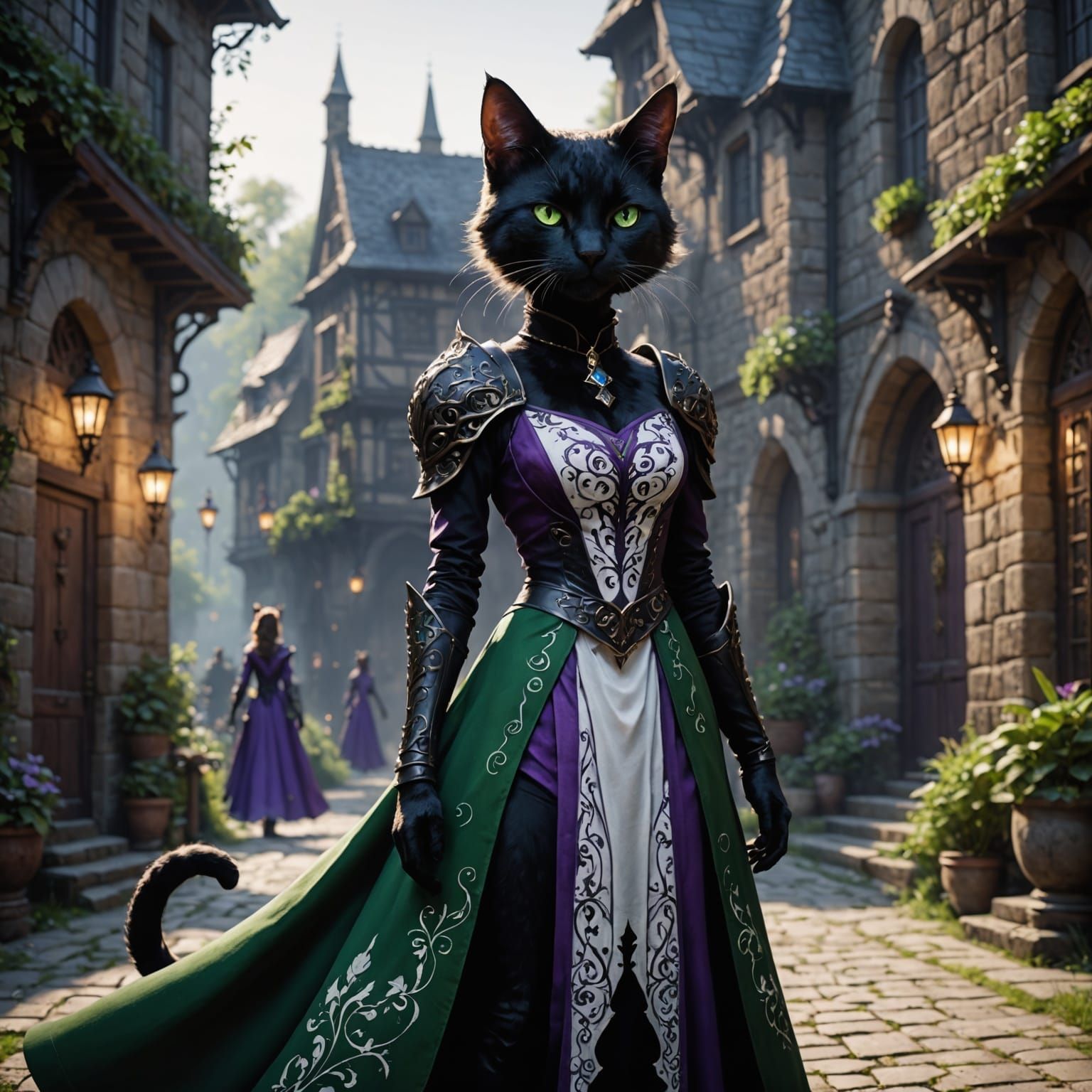 Fantastical Catfolk in Elegant Purple Attire