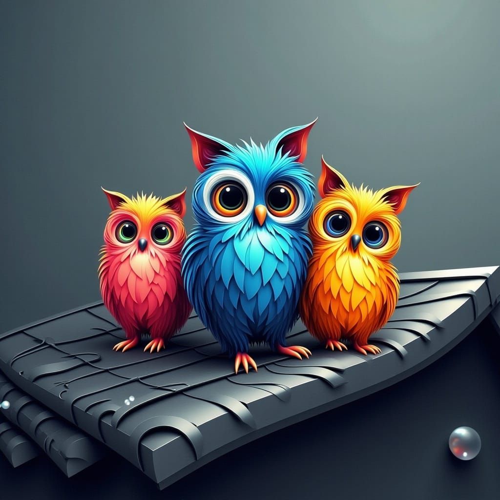 Cute Colorful Owls on a Roof Illustration