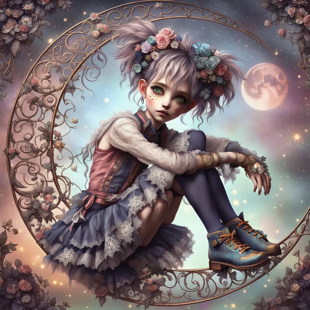 Whimsical Pixie on Crescent Moon, Digital Art