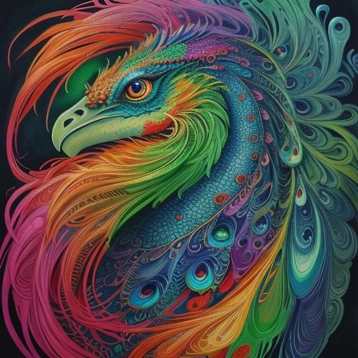 Dragon Woman Portrait with Peacock Feathers in Expressionist...