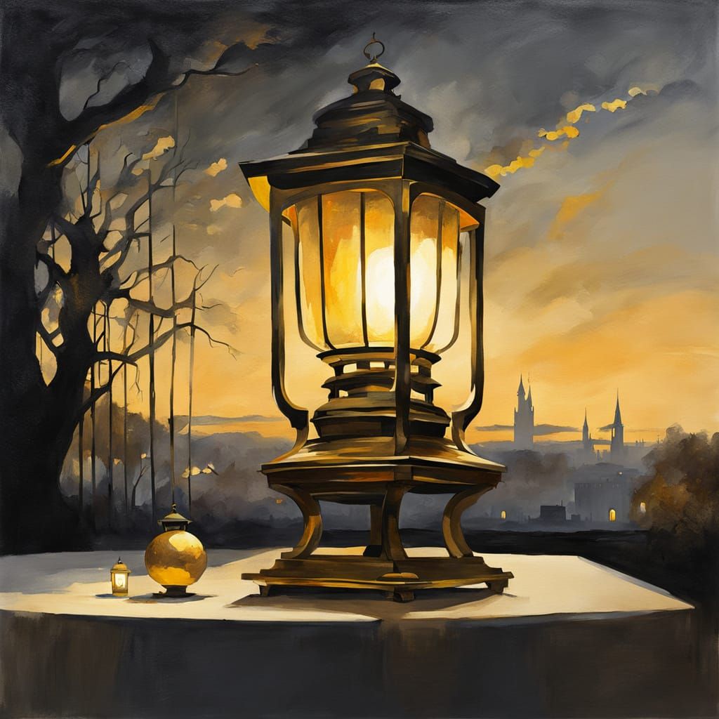 Golden Lantern Still Life in Acrylic Style