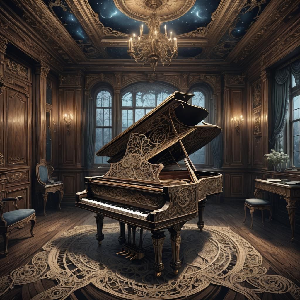 Ornate Piano in Abandoned Mansion with Zentangle Art