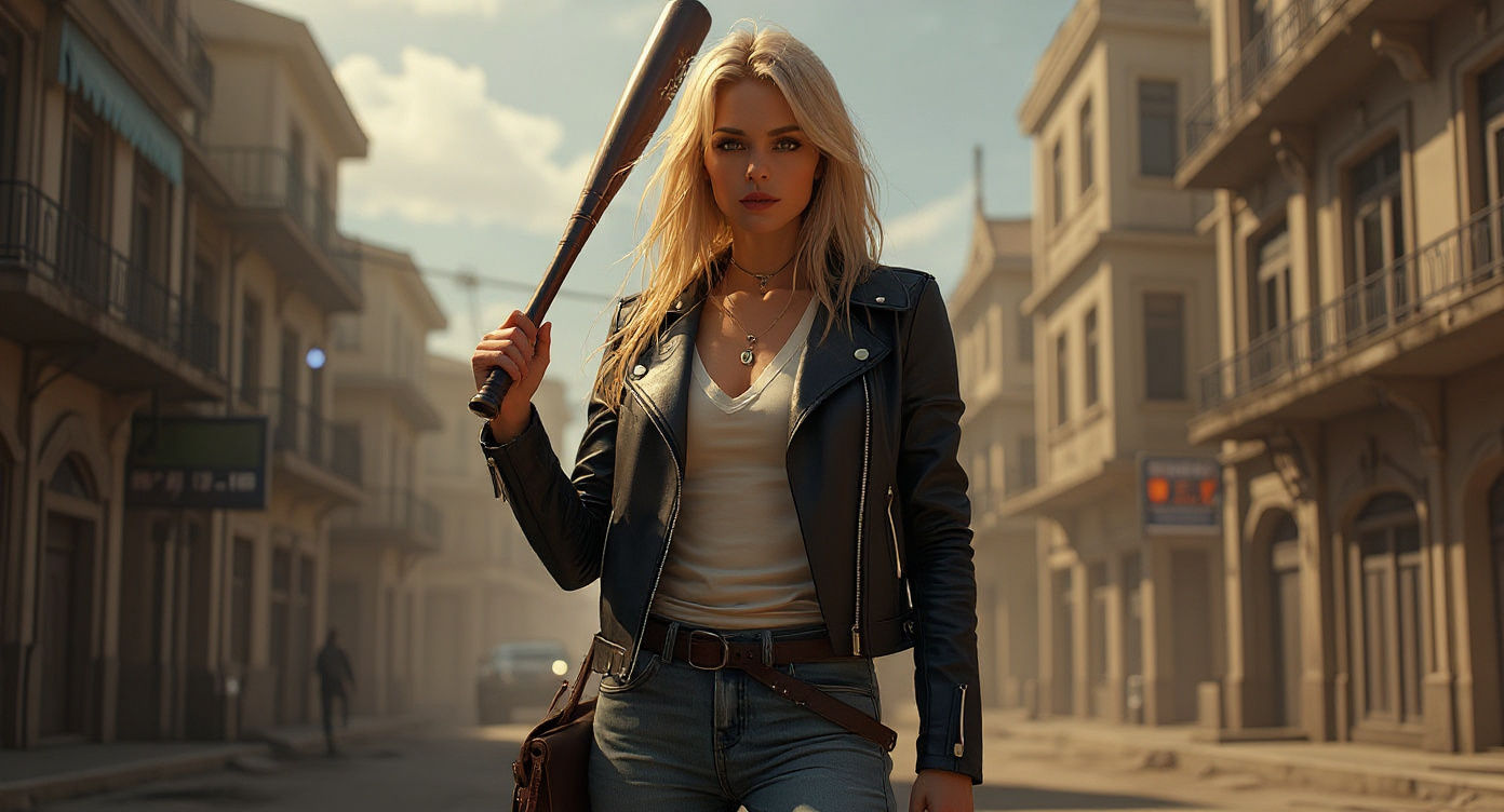 Bounty Hunter in Cyberpunk Cityscape with Baseball Bat