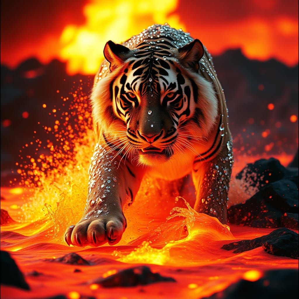 Crystal Tiger Prowls Fiery Lava Landscape