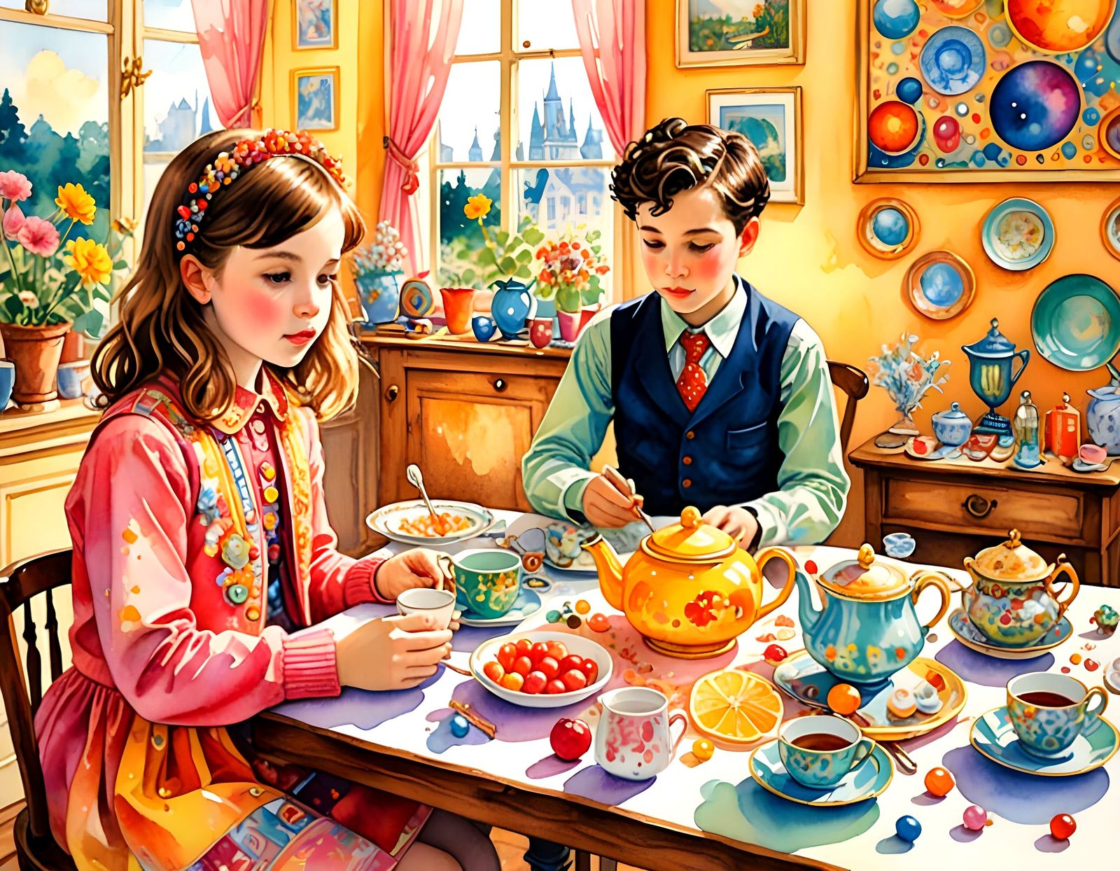 Vibrant Kidcore Tea Party in Watercolor Style