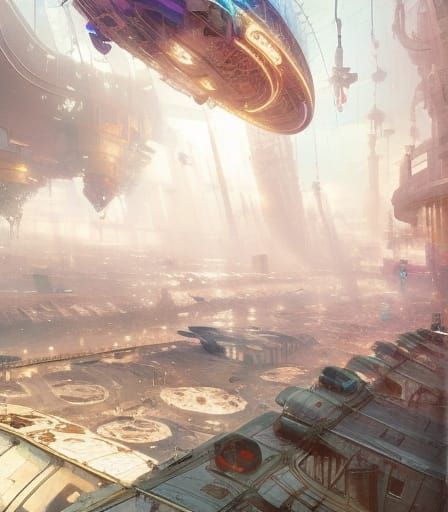 Clockpunk Airship Over Fantasy City, Golden Age Illustration