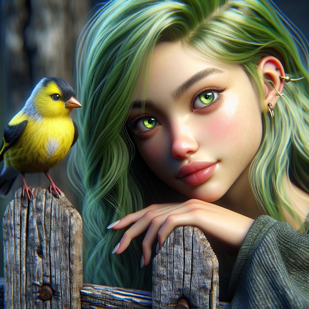 Lime Green Hair Girl and Goldfinch Matte Painting