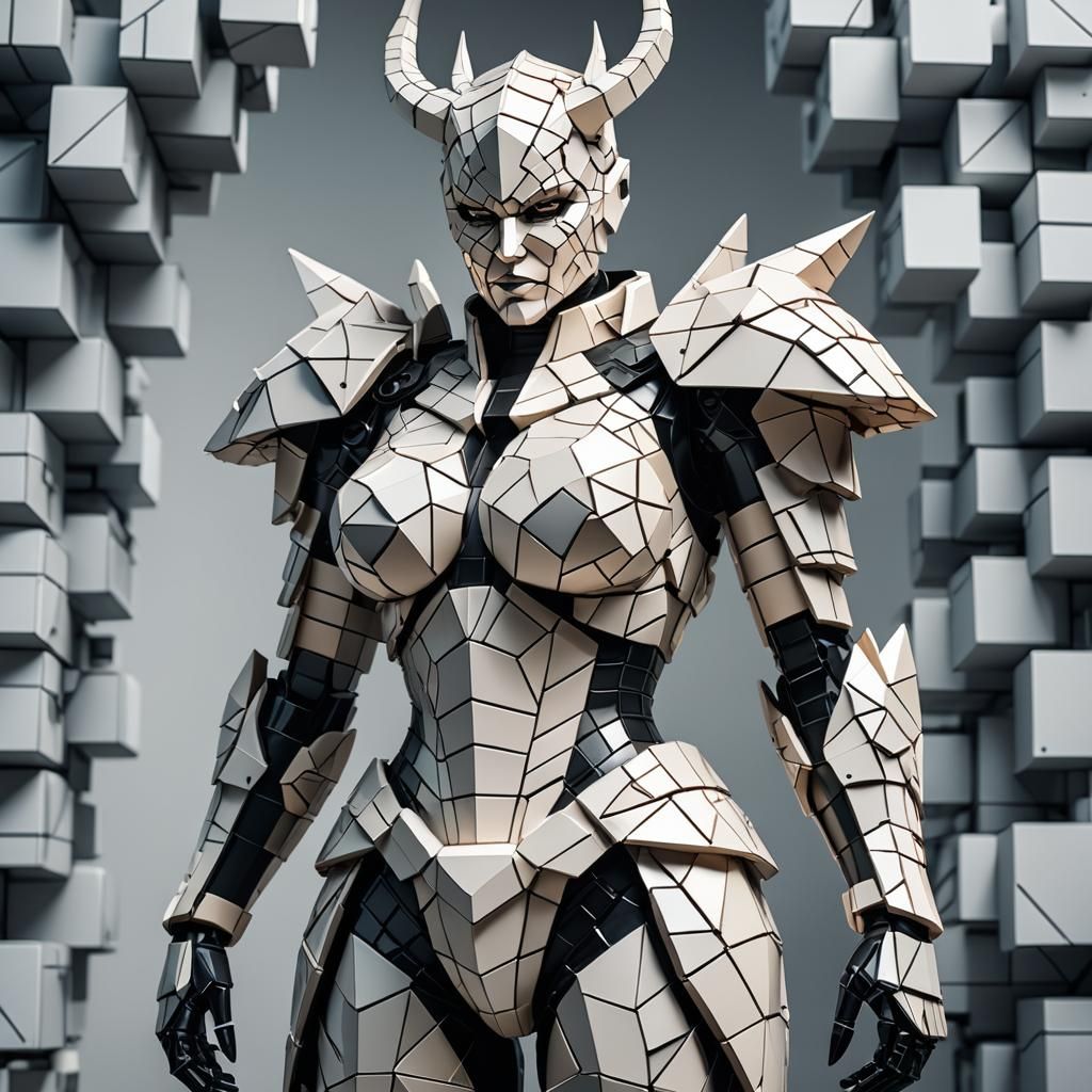 Woman Demon Knight Constructed of Geometric Cubes
