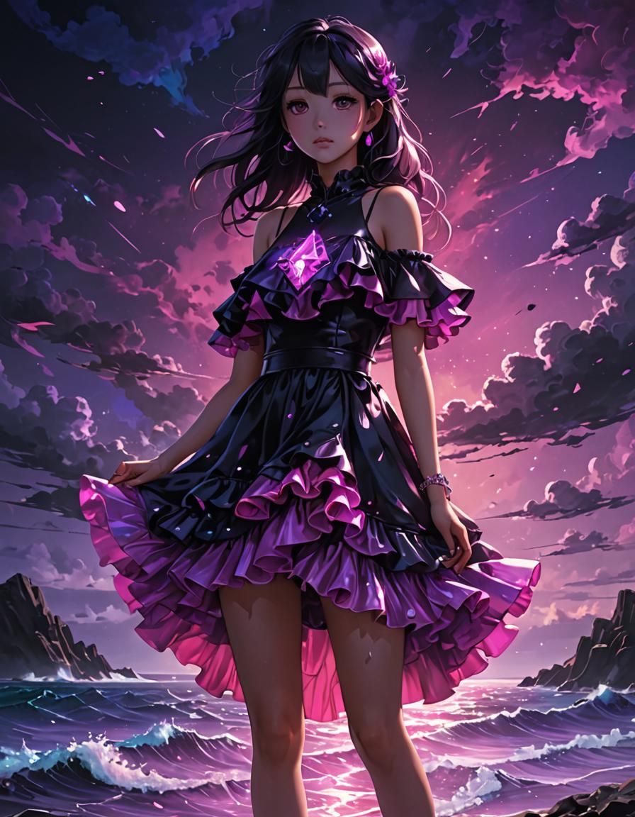 Neon Dress Over Glowing Ocean, 3D Anime Art