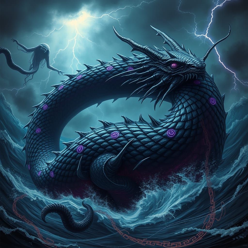 Colossal Sea Serpent Emerges from Stormy Waters