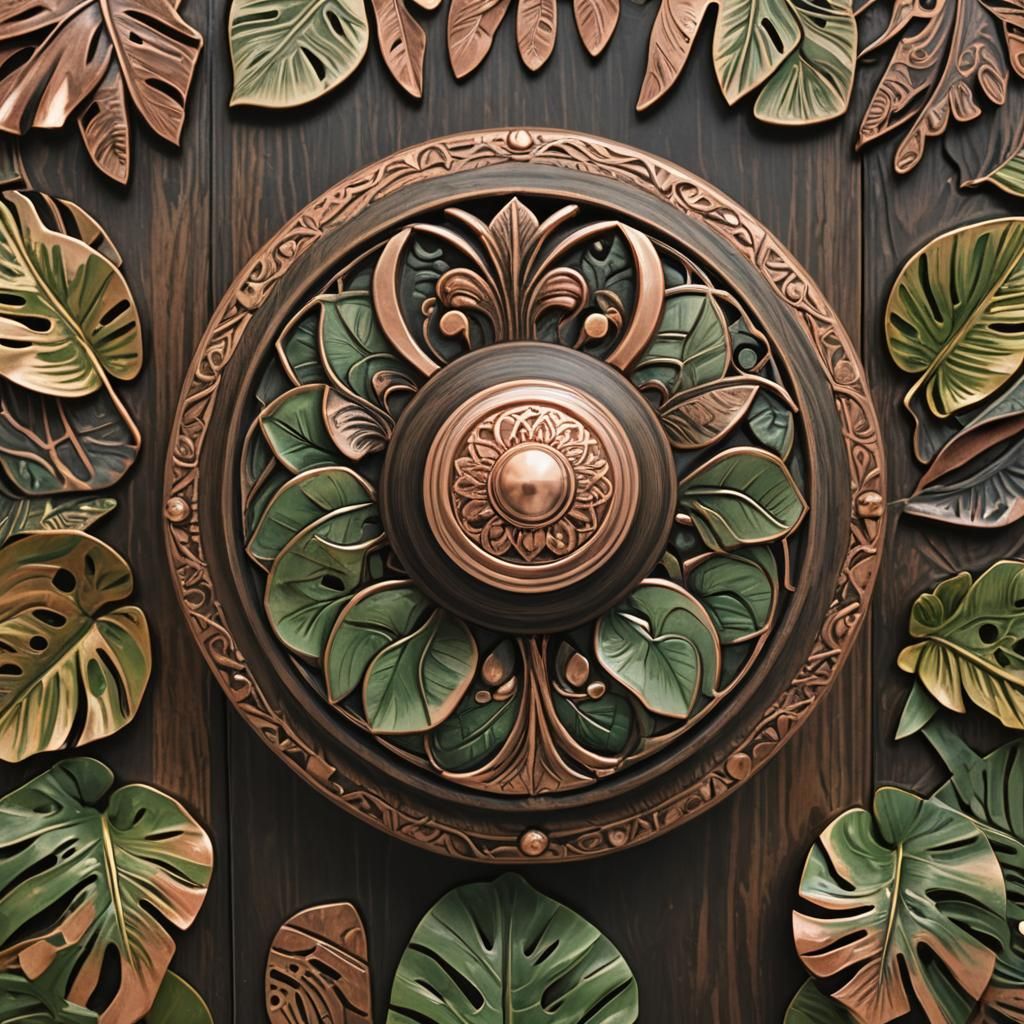 Copper Doorknob with Monstera Leaf Engravings