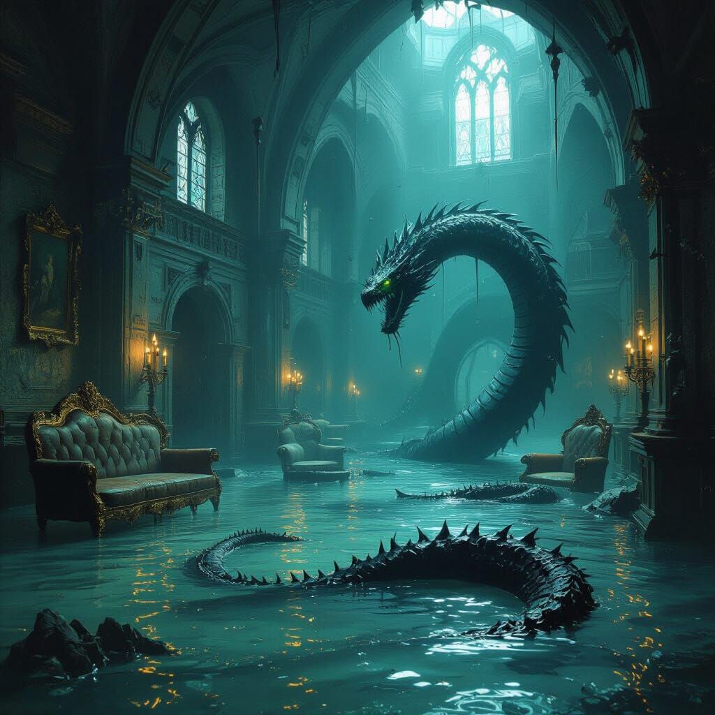 Flooded Castle Interior with Sea Serpent in Giger Style