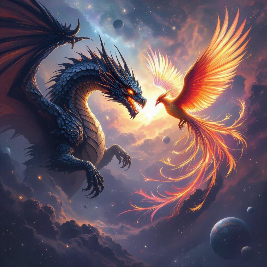 Ancient Dragon Battles Starlight Phoenix in Cosmic Nebula