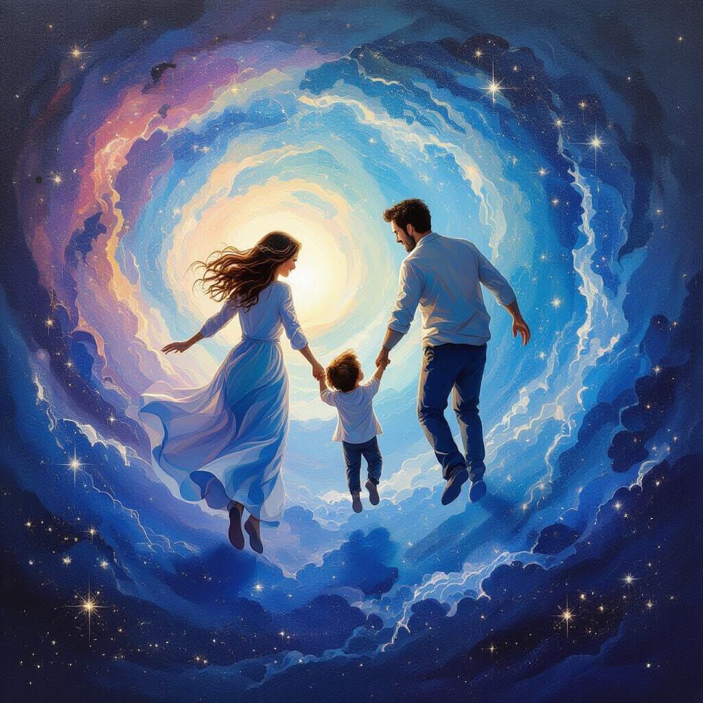 Joyful Space Family in Nebula Oil Painting