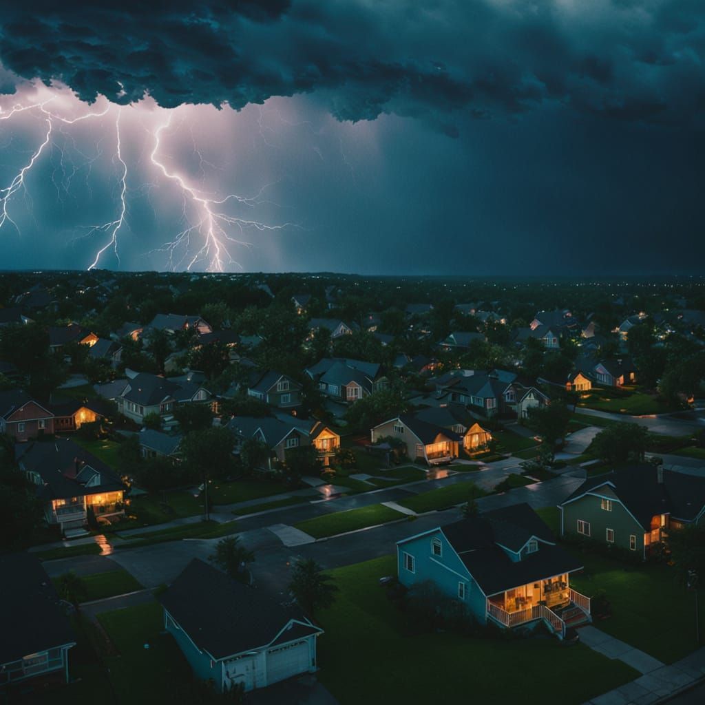 Lightning Storm Over Neighborhood: Cinematic Film Still