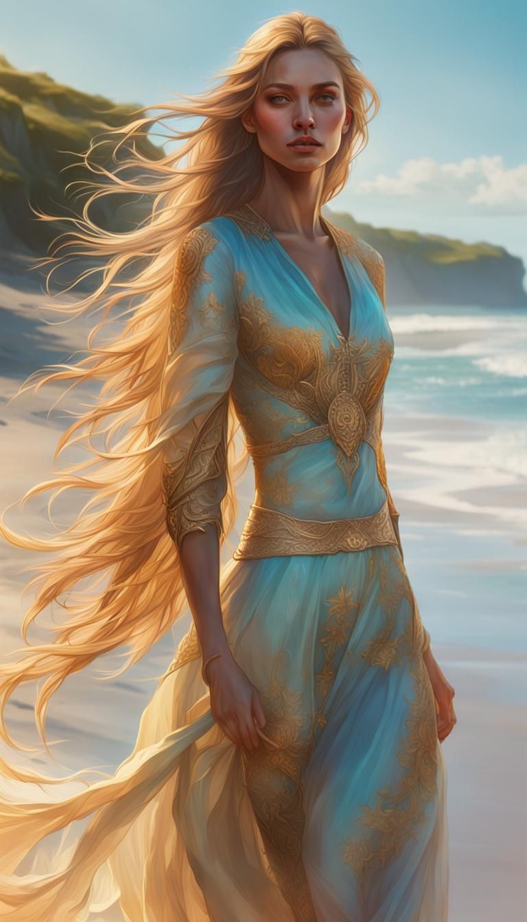Golden-Haired Model on Beach: Hyperdetailed Portrait