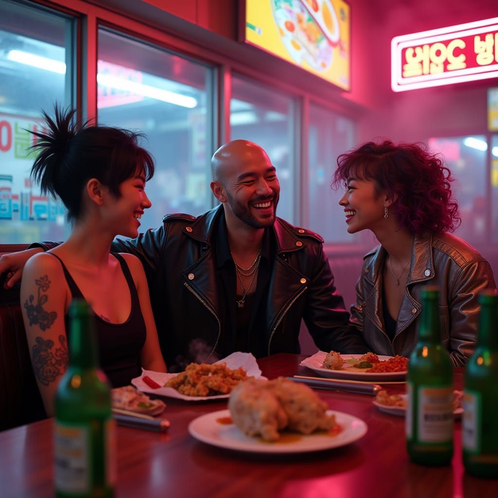 Futuristic Korean BBQ with Laughing Man in Leather