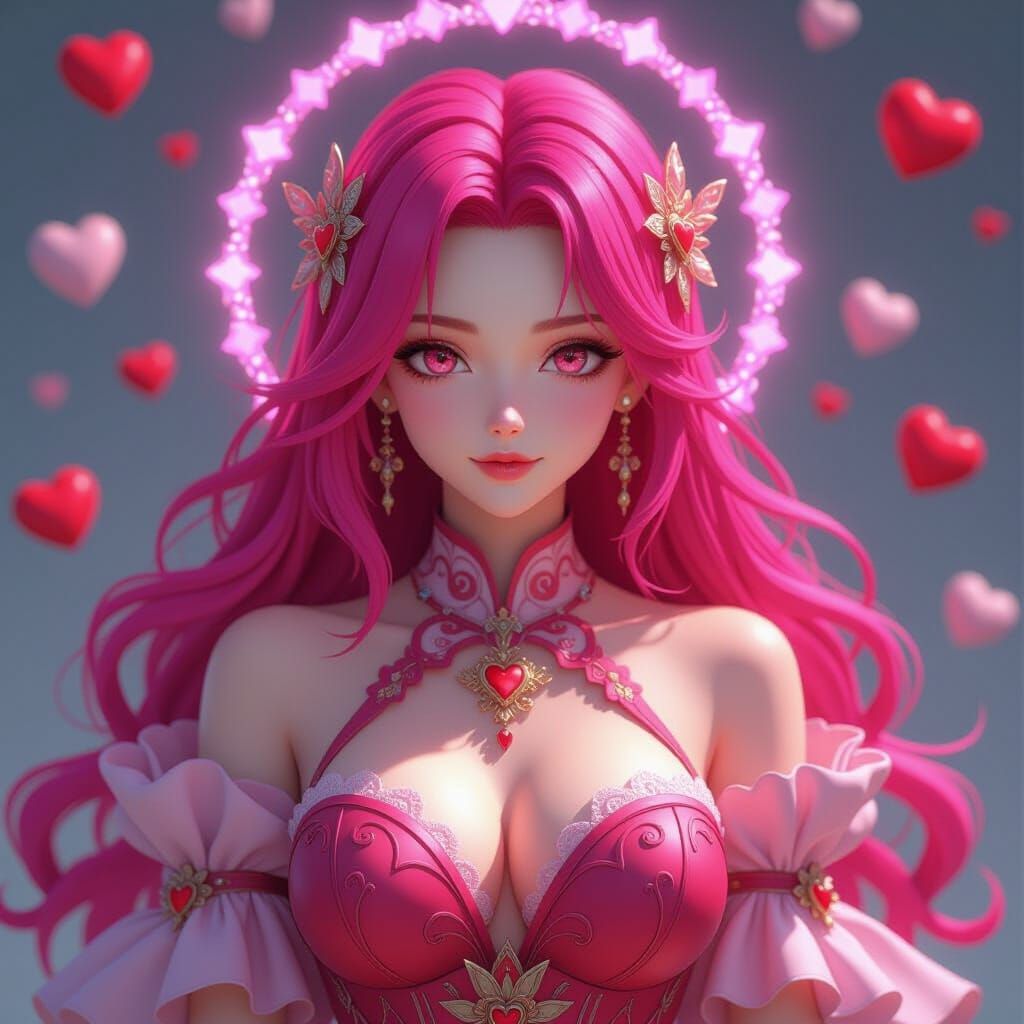 Anime Goddess with Hearts in 3D Style
