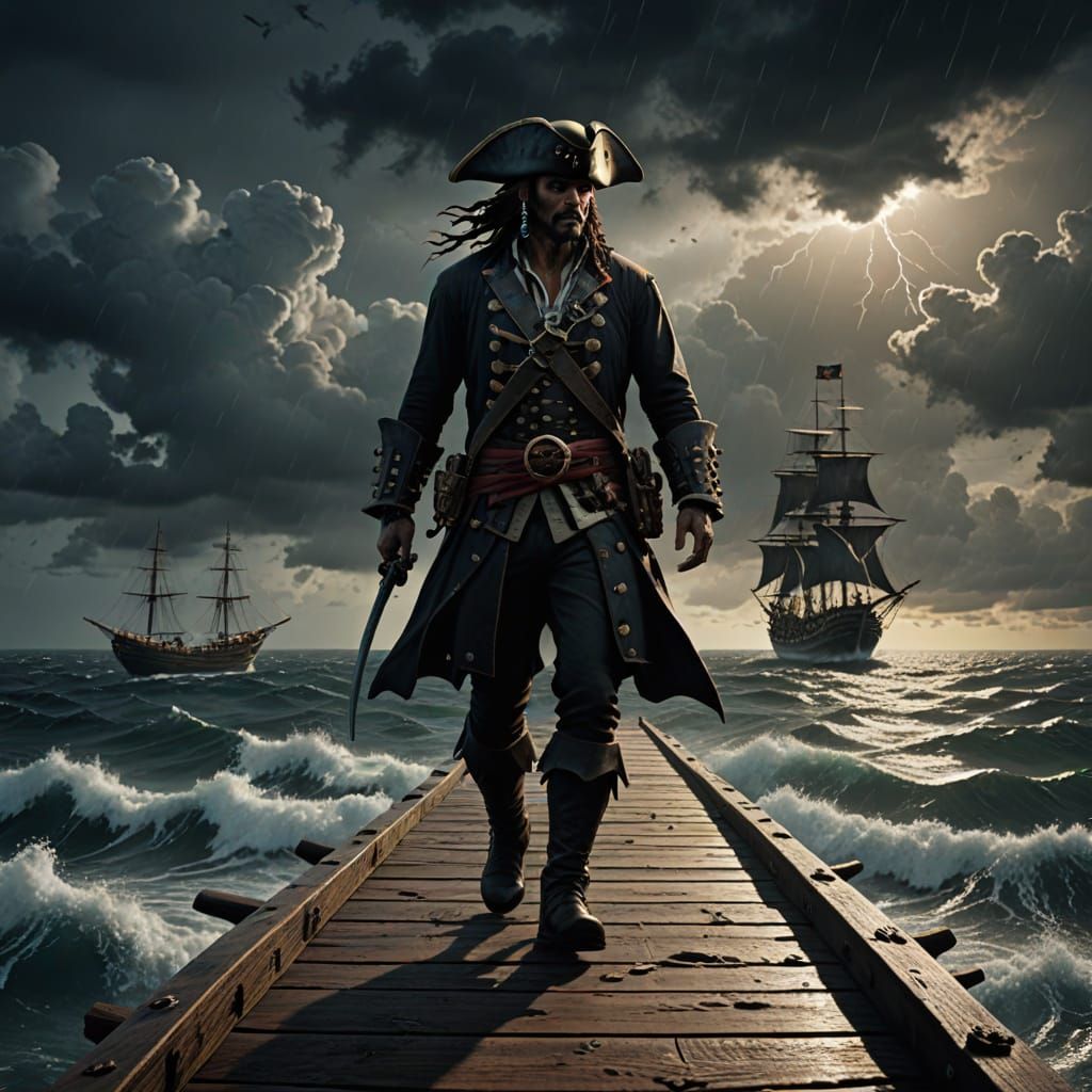 Pirate Walks Plank Over Shark Ocean in Nautical Concept Art