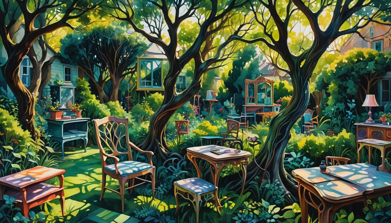 Surreal Overgrown Backyard in Iridescent Watercolor