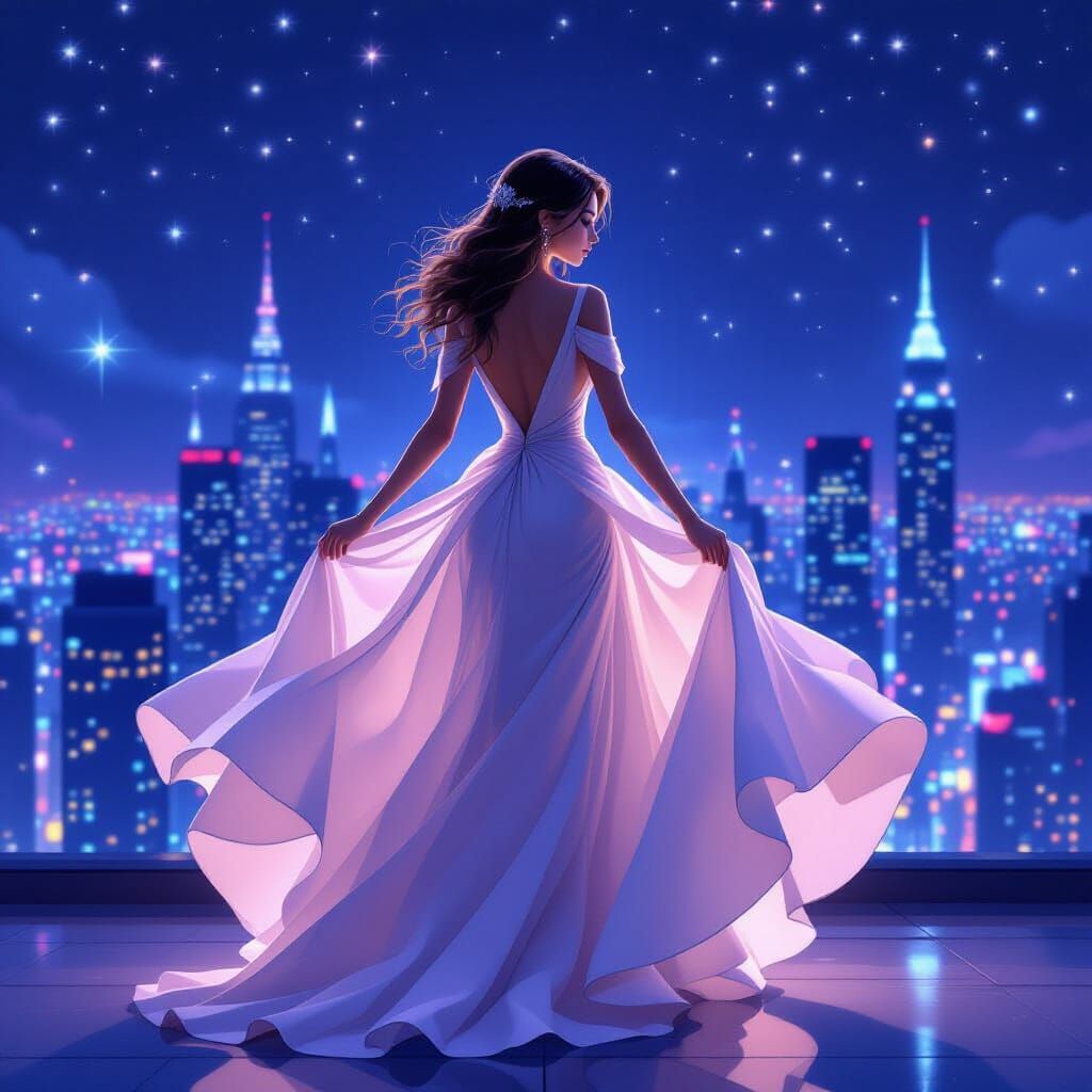 Woman in Gown Amidst Twinkling City Lights