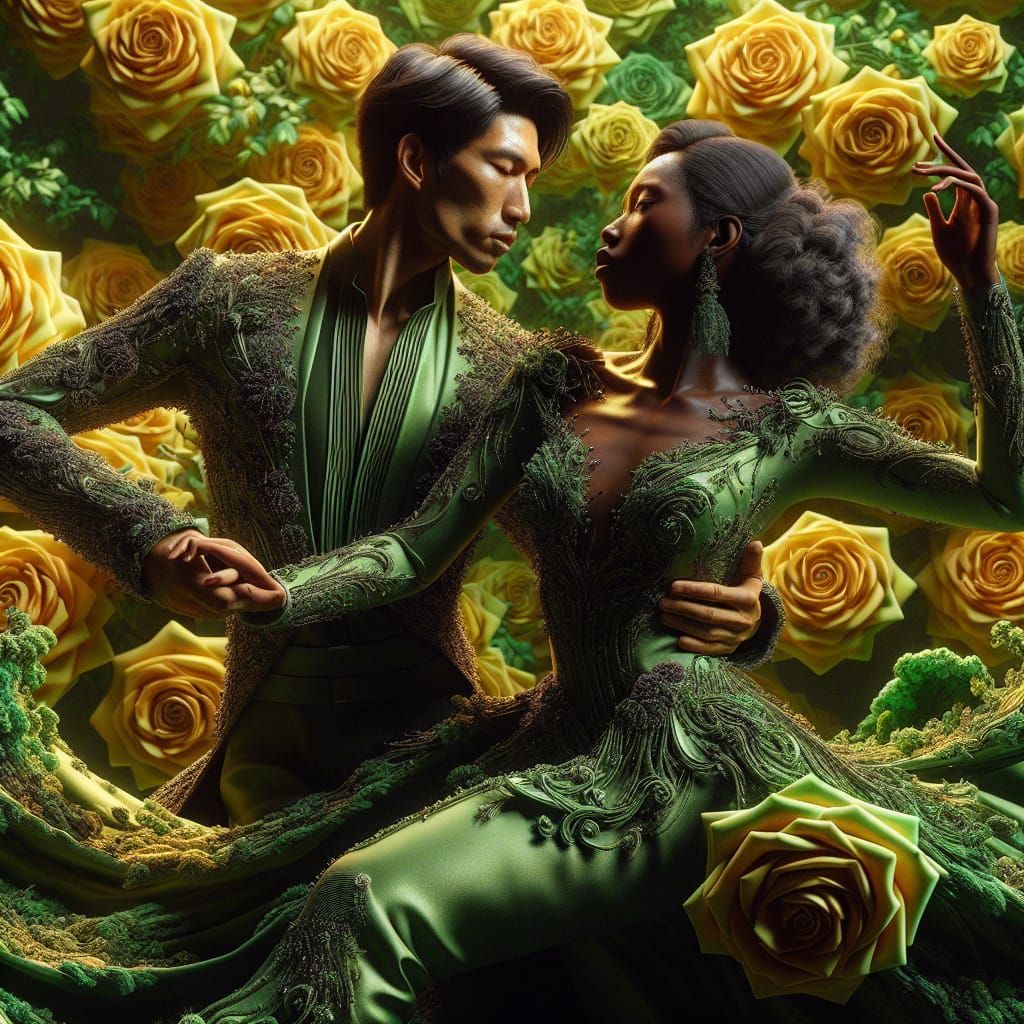 Dancing Figures in Green Beadwork, 4D Render