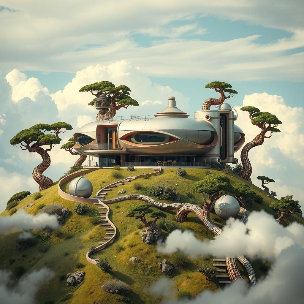 Futuristic Steampunk House on Hill in Dreamlike Style