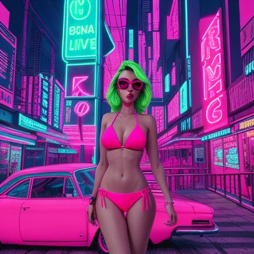 Girl in Neon Bikini in Synthwave City