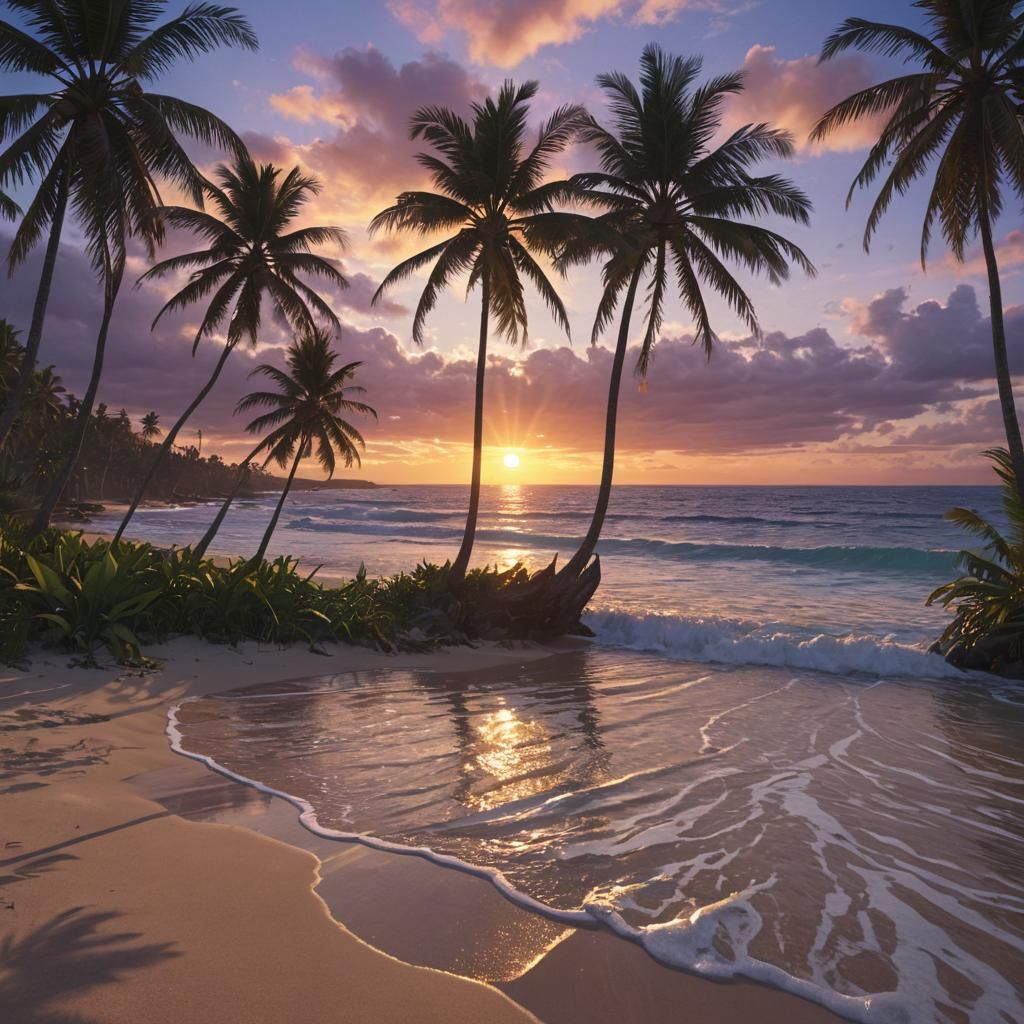Tropical Beach Sunset in a Fantasy Matte Painting