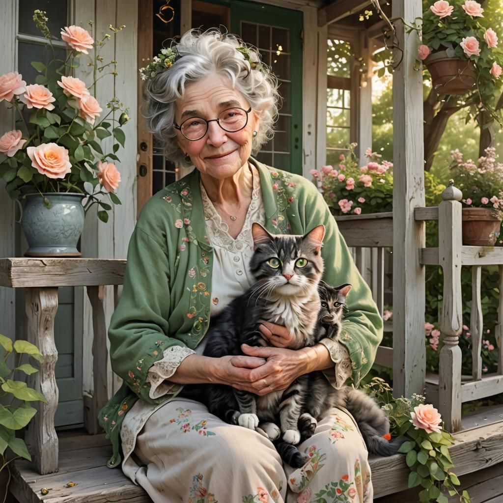 Elderly Woman with Cat on Porch in Photorealistic Style